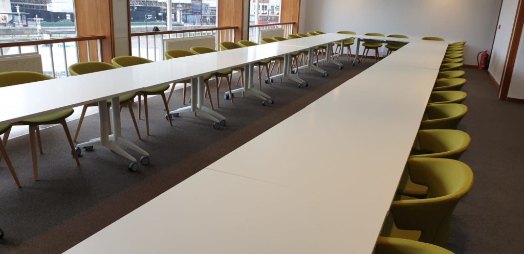 Meeting room tables and flexible desks at the newly refurbished Fairfield Halls in Croydon. Commercial furniture supplied by Solutions 4 Office.