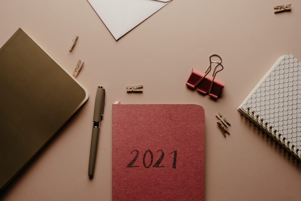 2021 diary setup on desk | Future of the office, reflections